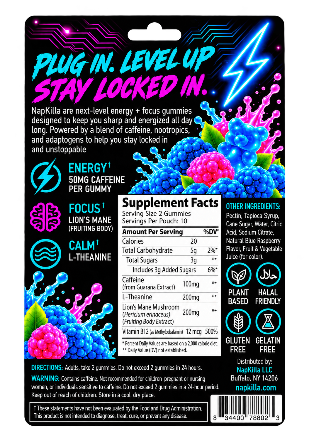 Back of the NapKilla Electric Blue Raspberry pouch with supplement facts